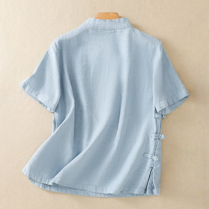 Chemise à manches trois-quarts en coton et lin, style décontracté, coupe ample, col montant asymétrique, boutons brandebourg colorés, ornée de Buddha Stones. - image 16