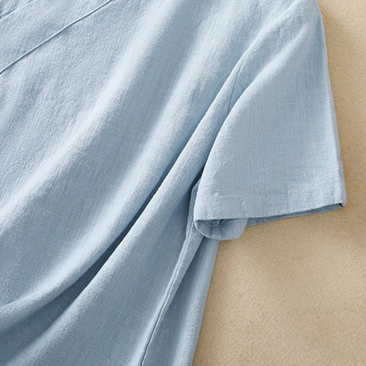 Chemise à manches trois-quarts en coton et lin, style décontracté, coupe ample, col montant asymétrique, boutons brandebourg colorés, ornée de Buddha Stones. - image 20