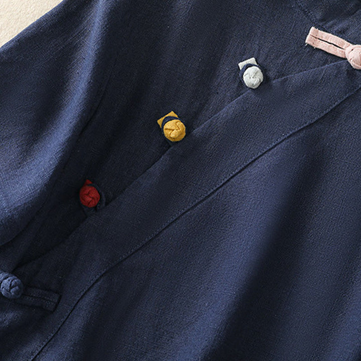 Chemise à manches trois-quarts en coton et lin, style décontracté, coupe ample, col montant asymétrique, boutons brandebourg colorés, ornée de Buddha Stones. - image 2