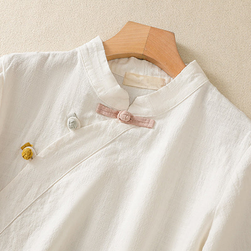 Chemise à manches trois-quarts en coton et lin, style décontracté, coupe ample, col montant asymétrique, boutons brandebourg colorés, ornée de Buddha Stones. - image 9