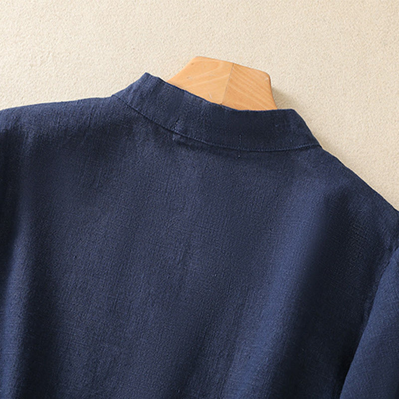 Chemise à manches trois-quarts en coton et lin, style décontracté, coupe ample, col montant asymétrique, boutons brandebourg colorés, ornée de Buddha Stones. - image 4