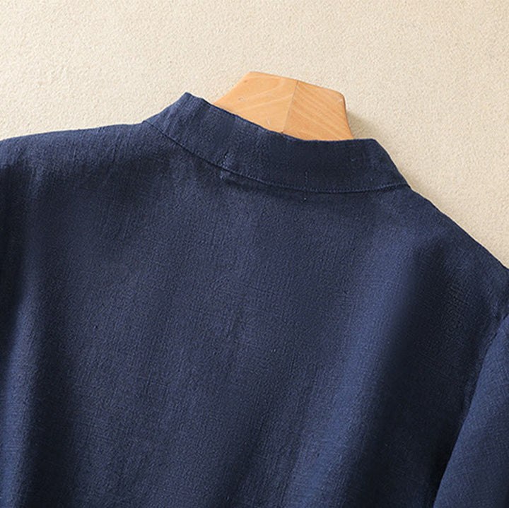 Chemise à manches trois-quarts en coton et lin, style décontracté, coupe ample, col montant asymétrique, boutons brandebourg colorés, ornée de Buddha Stones. - image 4