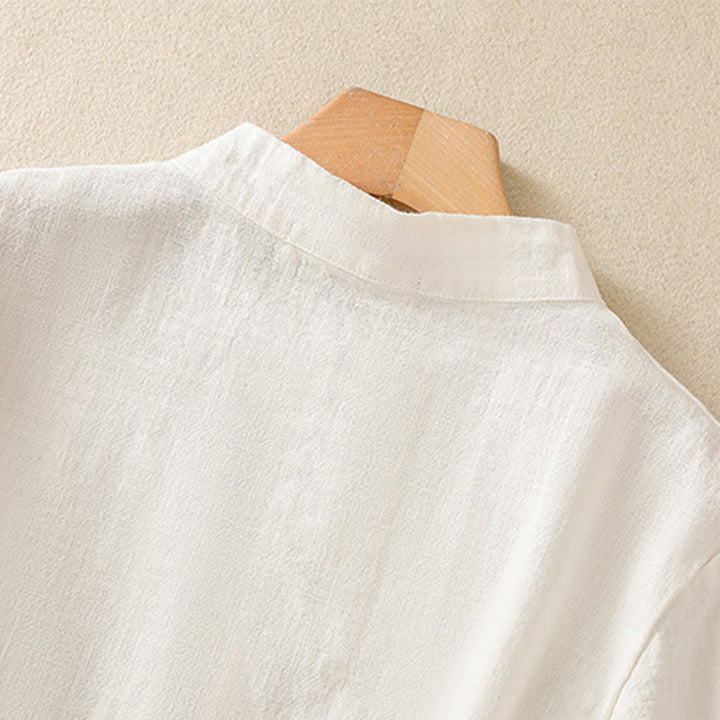 Chemise à manches trois-quarts en coton et lin, style décontracté, coupe ample, col montant asymétrique, boutons brandebourg colorés, ornée de Buddha Stones. - image 10