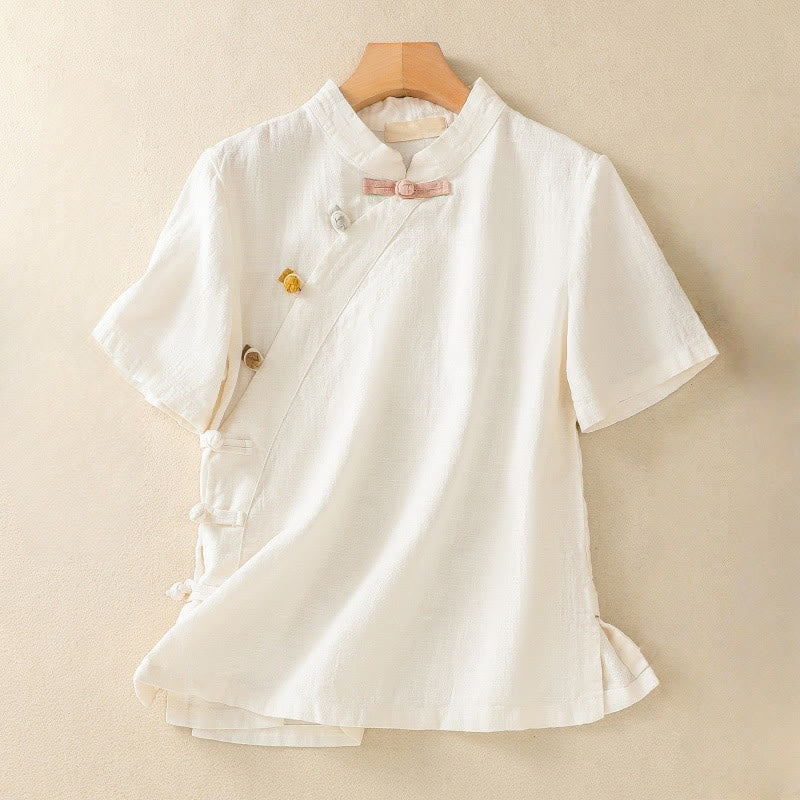 Chemise à manches trois-quarts en coton et lin, style décontracté, coupe ample, col montant asymétrique, boutons brandebourg colorés, ornée de Buddha Stones. - Beige - US8-10，UK/AU12-14，EU40-42 (2XL) - image 7