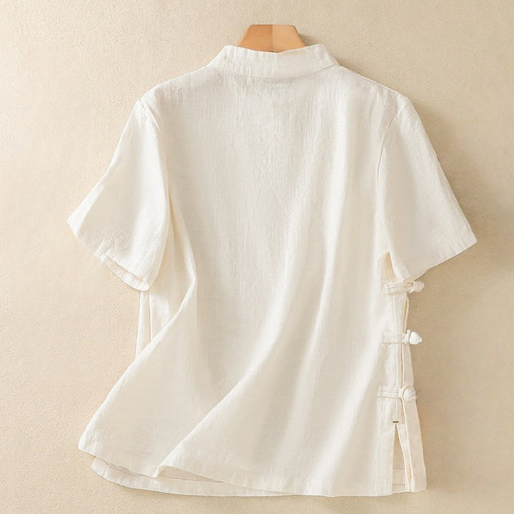Chemise à manches trois-quarts en coton et lin, style décontracté, coupe ample, col montant asymétrique, boutons brandebourg colorés, ornée de Buddha Stones. - image 8