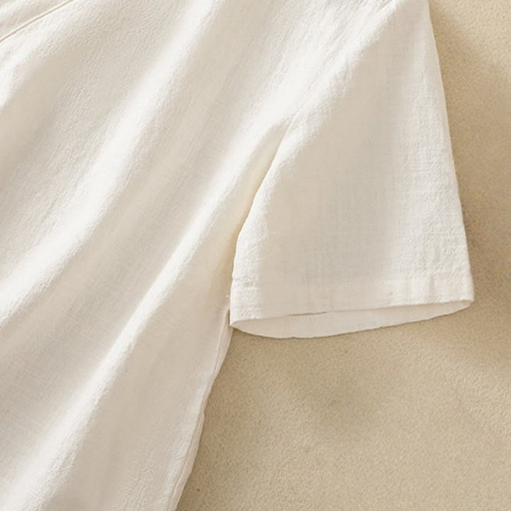 Chemise à manches trois-quarts en coton et lin, style décontracté, coupe ample, col montant asymétrique, boutons brandebourg colorés, ornée de Buddha Stones. - image 12