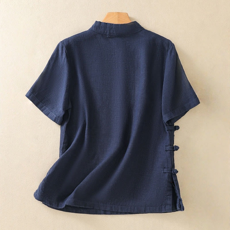 Chemise à manches trois-quarts en coton et lin, style décontracté, coupe ample, col montant asymétrique, boutons brandebourg colorés, ornée de Buddha Stones. - image 1