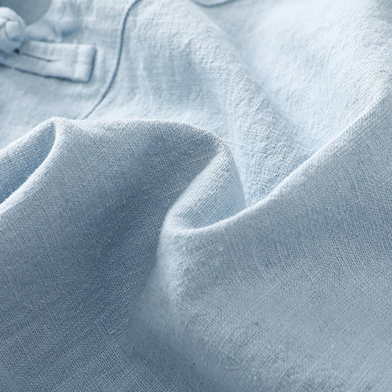 Chemise à manches trois-quarts en coton et lin, style décontracté, coupe ample, col montant asymétrique, boutons brandebourg colorés, ornée de Buddha Stones. - image 22