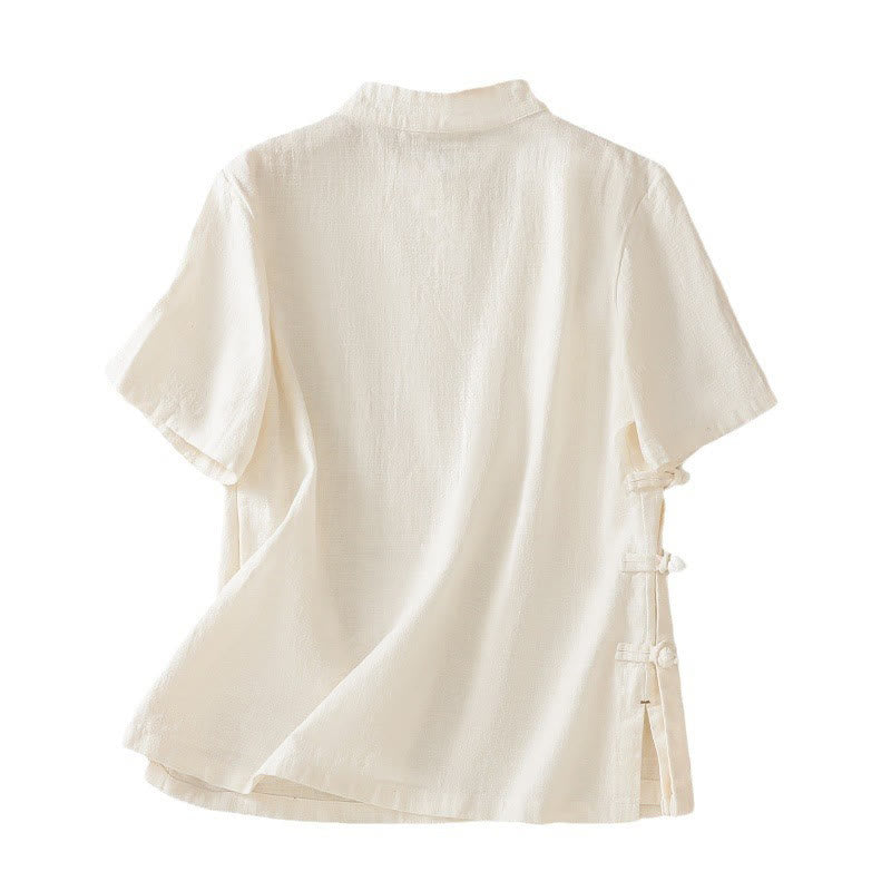 Chemise à manches trois-quarts en coton et lin, style décontracté, coupe ample, col montant asymétrique, boutons brandebourg colorés, ornée de Buddha Stones. - image 14