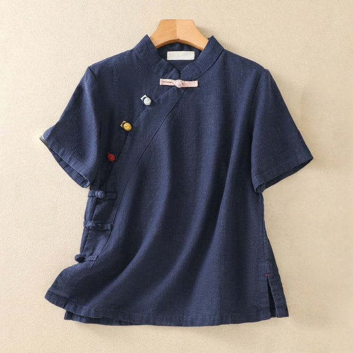 Chemise à manches trois-quarts en coton et lin, style décontracté, coupe ample, col montant asymétrique, boutons brandebourg colorés, ornée de Buddha Stones. - Marine - US8-10，UK/AU12-14，EU40-42 (2XL) - image 0