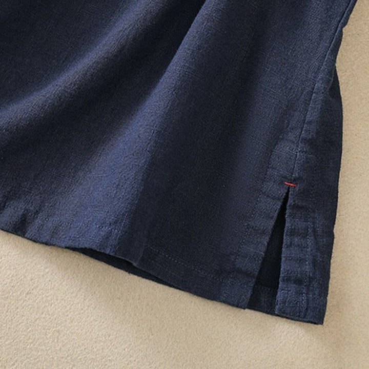 Chemise à manches trois-quarts en coton et lin, style décontracté, coupe ample, col montant asymétrique, boutons brandebourg colorés, ornée de Buddha Stones. - image 6