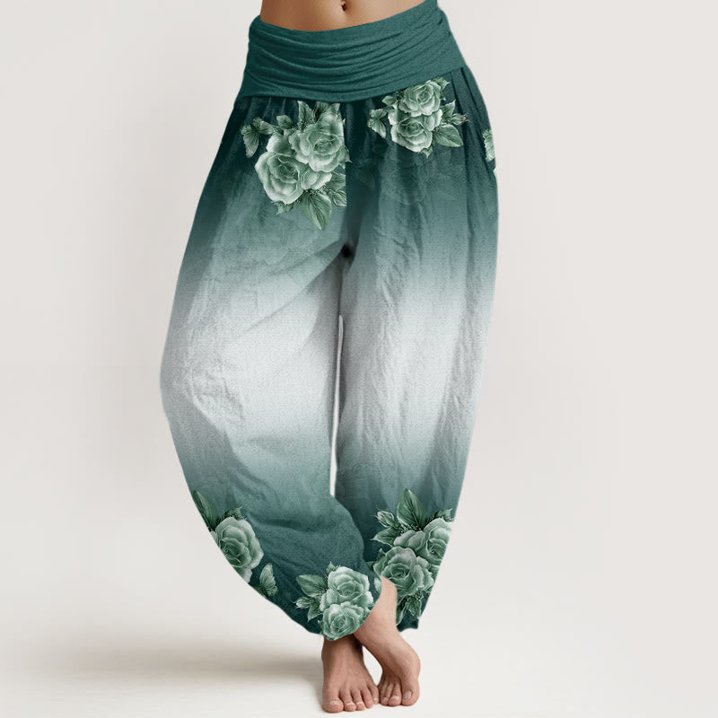 Pantalon sarouel décontracté à taille élastique pour femme, motif Buddha Stones, roses et feuilles - Forêt Verte - US22，UK/AU26，EU54 (6XL) - image 1