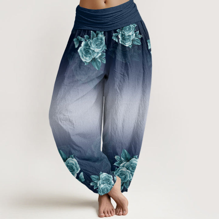 Pantalon sarouel décontracté à taille élastique pour femme, motif Buddha Stones, roses et feuilles - Bleu foncé - US22，UK/AU26，EU54 (6XL) - image 5