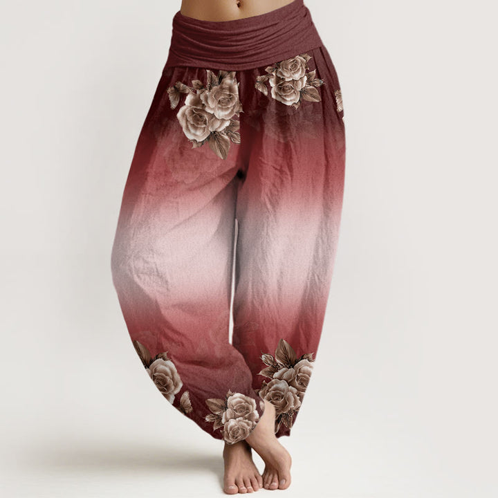 Pantalon sarouel décontracté à taille élastique pour femme, motif Buddha Stones, roses et feuilles - Brique réfractaire - US22，UK/AU26，EU54 (6XL) - image 8