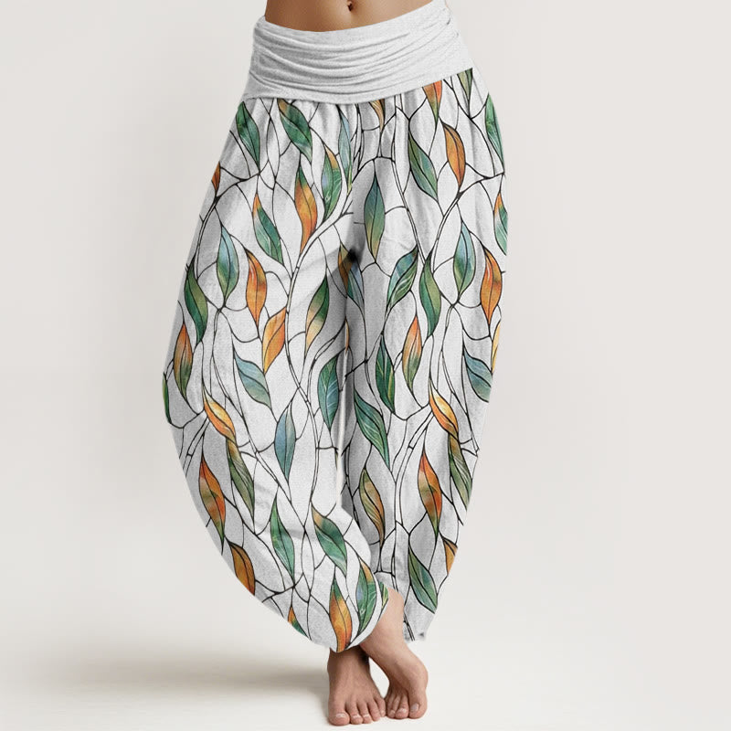 Pantalon sarouel décontracté à taille élastique pour femme, motif feuilles colorées et délicates, motif Buddha Stones - Neige - US22，UK/AU26，EU54 (6XL) - image 1