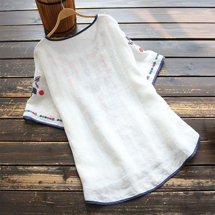 T-shirt à manches courtes en coton et lin pour femme, motif floral rétro brodé artistique, motif Buddha Stones, col ras du cou