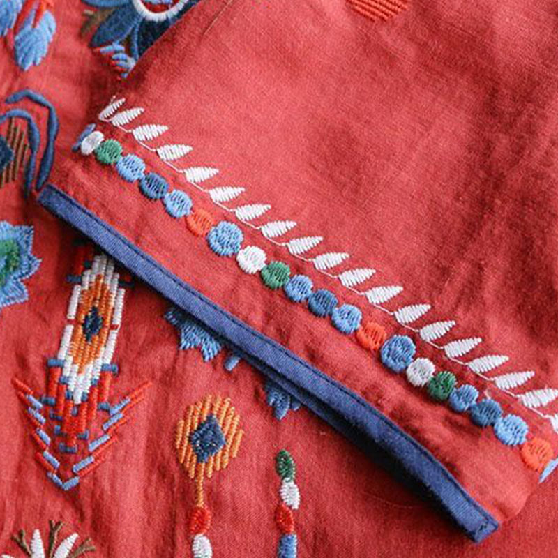 T-shirt à manches courtes en coton et lin pour femme, motif floral rétro brodé artistique, motif Buddha Stones, col ras du cou