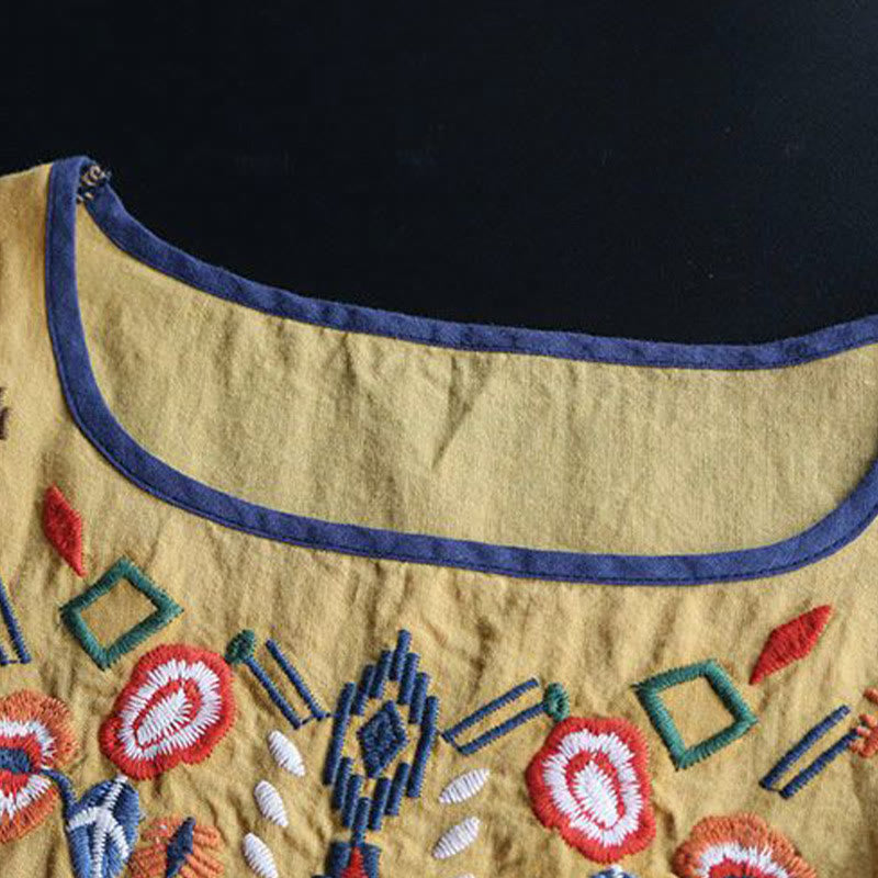 T-shirt à manches courtes en coton et lin pour femme, motif floral rétro brodé artistique, motif Buddha Stones, col ras du cou