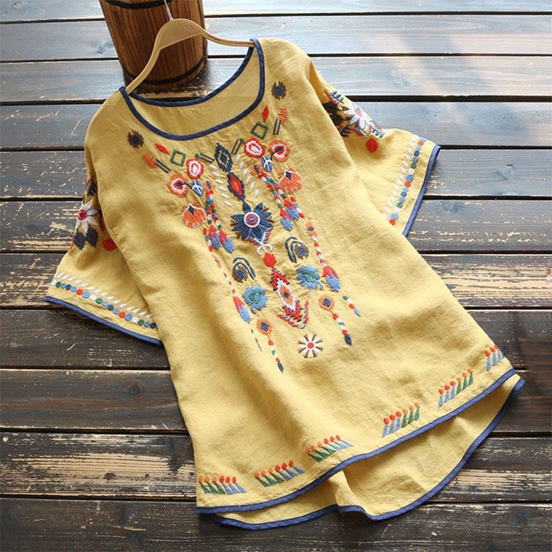 T-shirt à manches courtes en coton et lin pour femme, motif floral rétro brodé artistique, motif Buddha Stones, col ras du cou