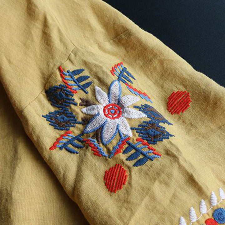 T-shirt à manches courtes en coton et lin pour femme, motif floral rétro brodé artistique, motif Buddha Stones, col ras du cou