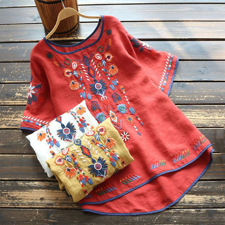 T-shirt à manches courtes en coton et lin pour femme, motif floral rétro brodé artistique, motif Buddha Stones, col ras du cou
