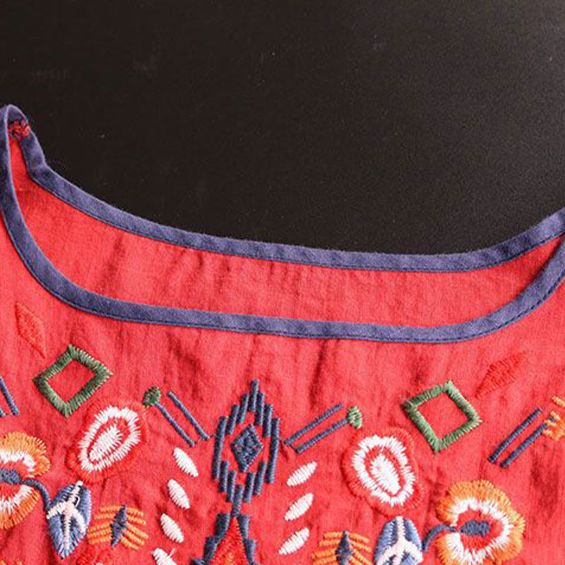 T-shirt à manches courtes en coton et lin pour femme, motif floral rétro brodé artistique, motif Buddha Stones, col ras du cou