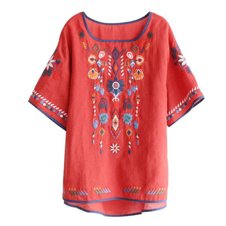 T-shirt à manches courtes en coton et lin pour femme, motif floral rétro brodé artistique, motif Buddha Stones, col ras du cou