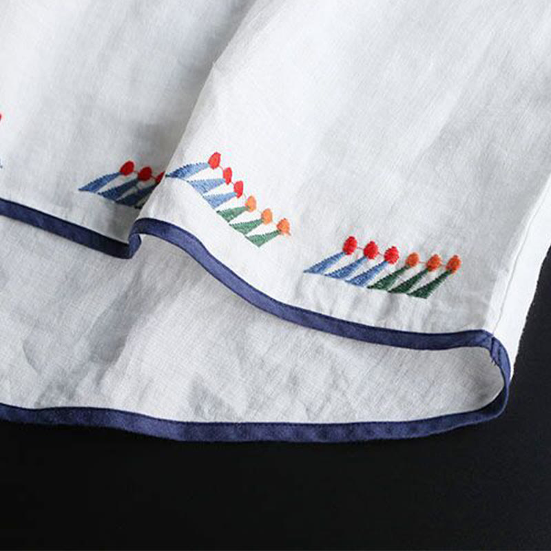 T-shirt à manches courtes en coton et lin pour femme, motif floral rétro brodé artistique, motif Buddha Stones, col ras du cou - image 7