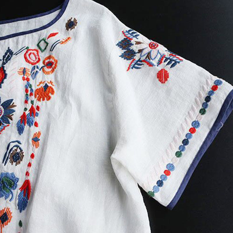 T-shirt à manches courtes en coton et lin pour femme, motif floral rétro brodé artistique, motif Buddha Stones, col ras du cou