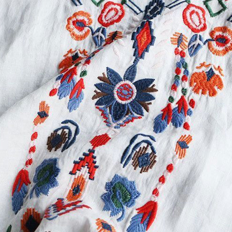 T-shirt à manches courtes en coton et lin pour femme, motif floral rétro brodé artistique, motif Buddha Stones, col ras du cou