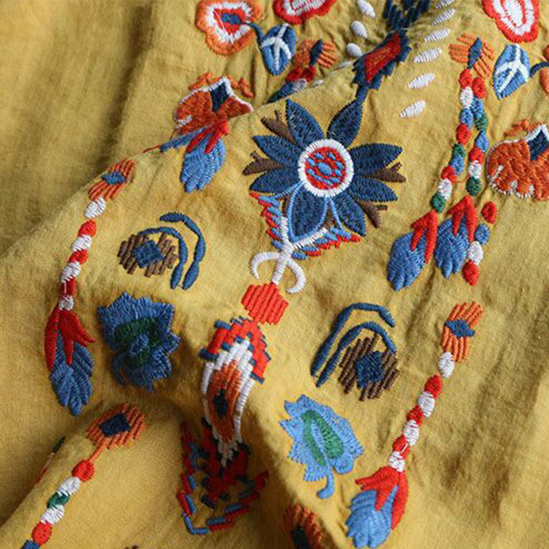 T-shirt à manches courtes en coton et lin pour femme, motif floral rétro brodé artistique, motif Buddha Stones, col ras du cou