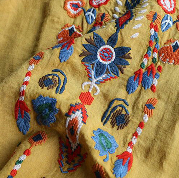 T-shirt à manches courtes en coton et lin pour femme, motif floral rétro brodé artistique, motif Buddha Stones, col ras du cou