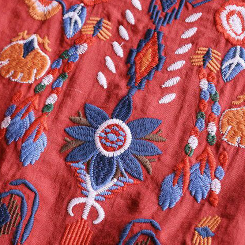 T-shirt à manches courtes en coton et lin pour femme, motif floral rétro brodé artistique, motif Buddha Stones, col ras du cou