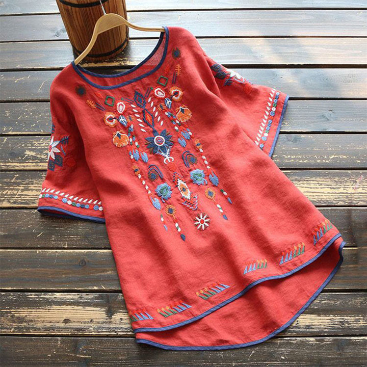 T-shirt à manches courtes en coton et lin pour femme, motif floral rétro brodé artistique, motif Buddha Stones, col ras du cou