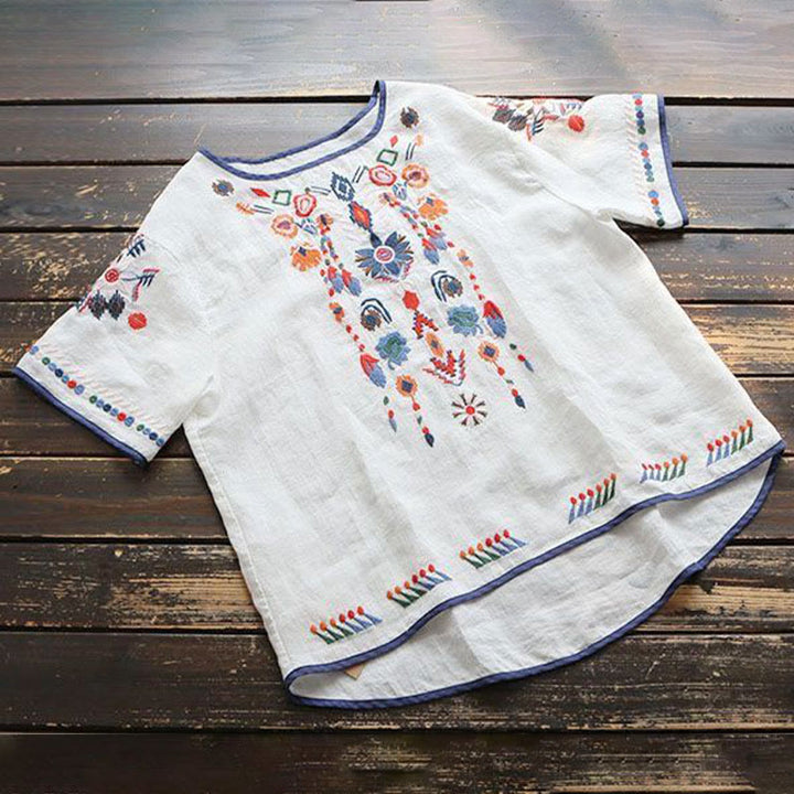 T-shirt à manches courtes en coton et lin pour femme, motif floral rétro brodé artistique, motif Buddha Stones, col ras du cou