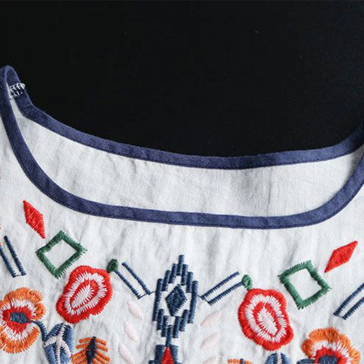 T-shirt à manches courtes en coton et lin pour femme, motif floral rétro brodé artistique, motif Buddha Stones, col ras du cou