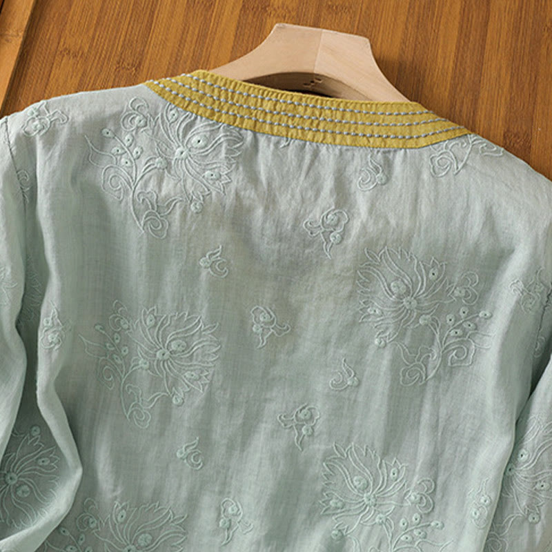 Chemise d'été en coton et lin pour femme, motif floral brodé, style vintage, col en V, à lacets - image 20