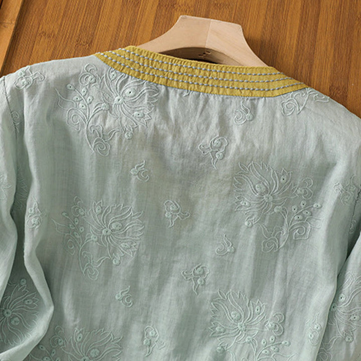 Chemise d'été en coton et lin pour femme, motif floral brodé, style vintage, col en V, à lacets - image 20