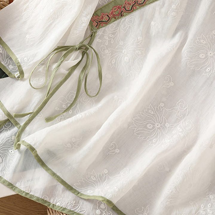 Chemise d'été en coton et lin pour femme, motif floral brodé, style vintage, col en V, à lacets - image 12