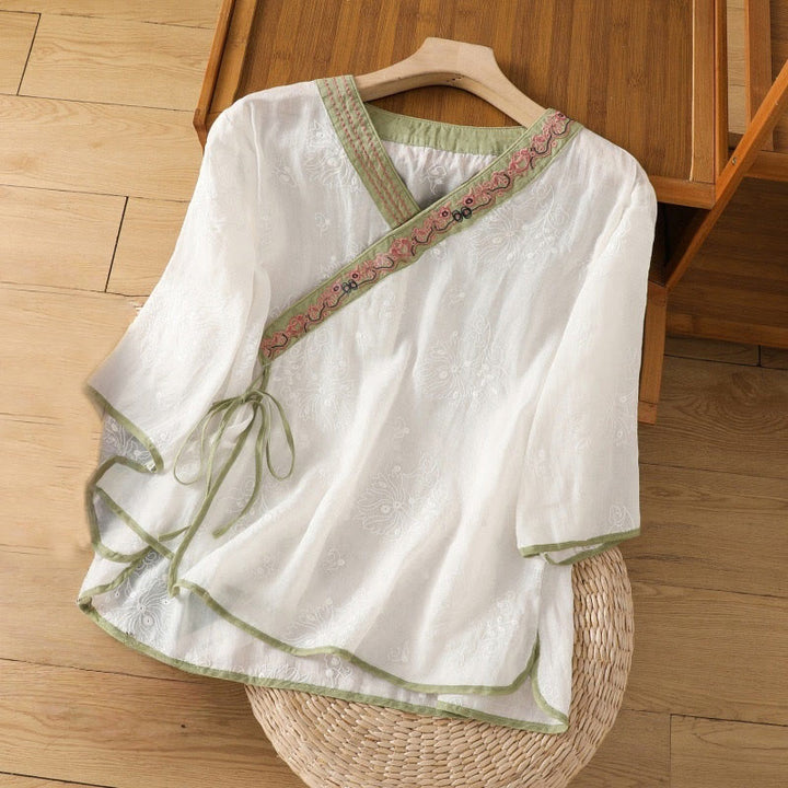 Chemise d'été en coton et lin pour femme, motif floral brodé, style vintage, col en V, à lacets - Blanc - US8-10，UK/AU12-14，EU40-42 (2XL) - image 7