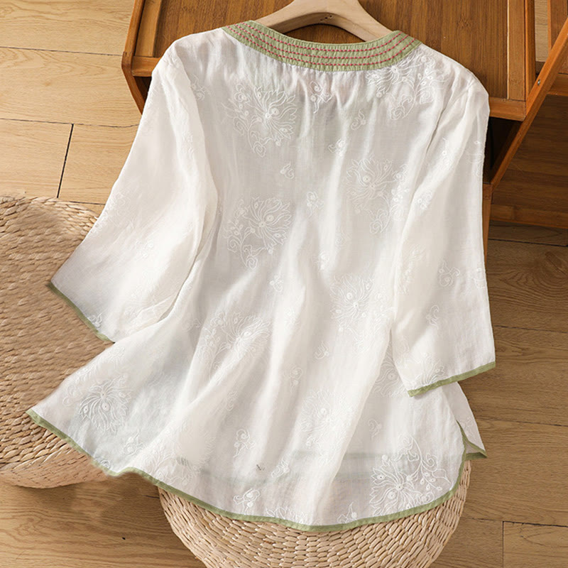 Chemise d'été en coton et lin pour femme, motif floral brodé, style vintage, col en V, à lacets - image 8
