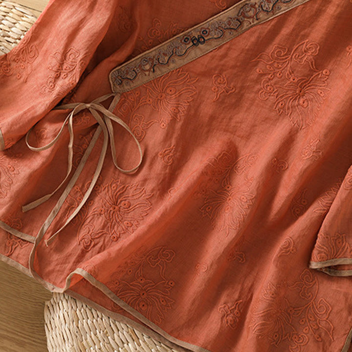 Chemise d'été en coton et lin pour femme, motif floral brodé, style vintage, col en V, à lacets - image 4