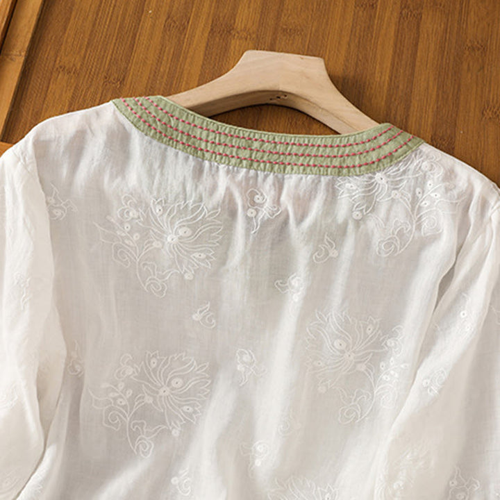 Chemise d'été en coton et lin pour femme, motif floral brodé, style vintage, col en V, à lacets - image 10