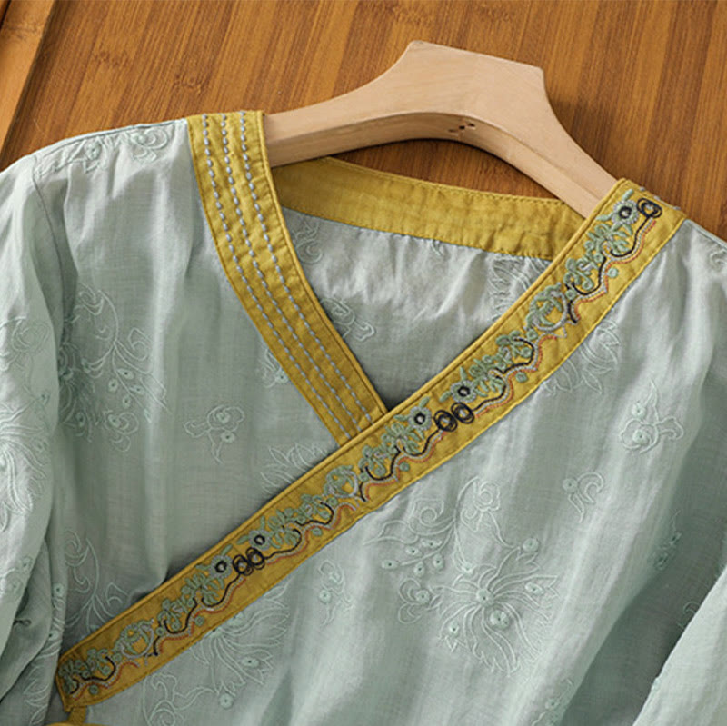 Chemise d'été en coton et lin pour femme, motif floral brodé, style vintage, col en V, à lacets - image 19