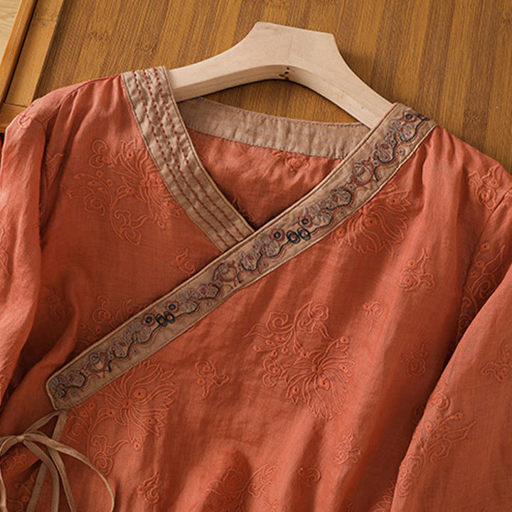 Chemise d'été en coton et lin pour femme, motif floral brodé, style vintage, col en V, à lacets - image 2
