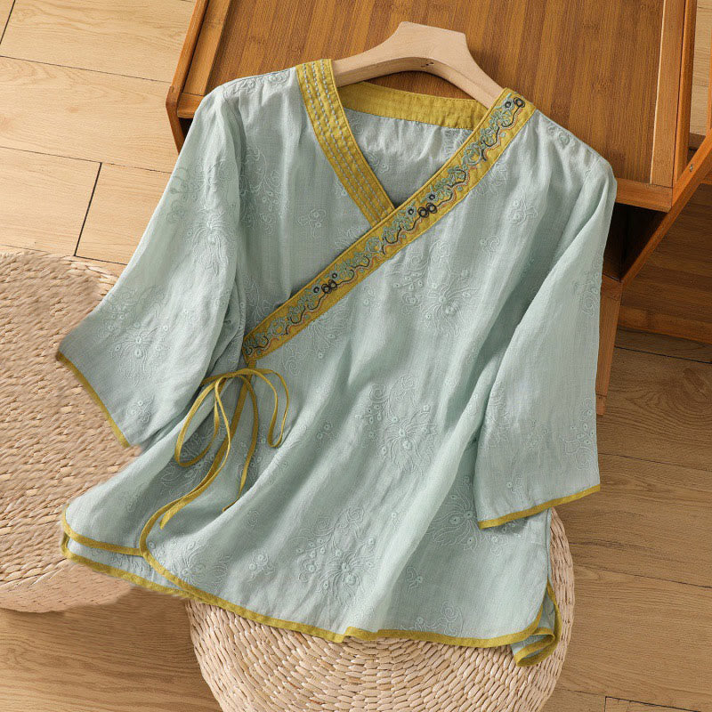 Chemise d'été en coton et lin pour femme, motif floral brodé, style vintage, col en V, à lacets - Turquoise moyen - US8-10，UK/AU12-14，EU40-42 (2XL) - image 17