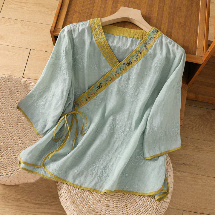 Chemise d'été en coton et lin pour femme, motif floral brodé, style vintage, col en V, à lacets - Turquoise moyen - US8-10，UK/AU12-14，EU40-42 (2XL) - image 17
