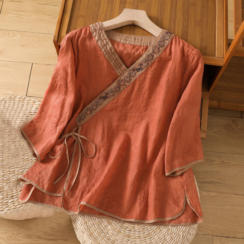 Chemise d'été en coton et lin pour femme, motif floral brodé, style vintage, col en V, à lacets - OrangeRouge - US8-10，UK/AU12-14，EU40-42 (2XL) - image 0