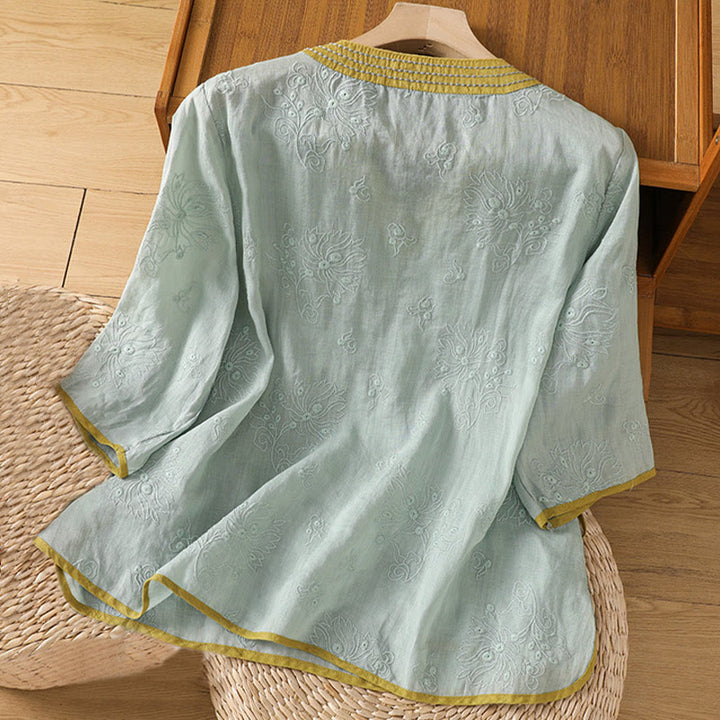 Chemise d'été en coton et lin pour femme, motif floral brodé, style vintage, col en V, à lacets - image 18