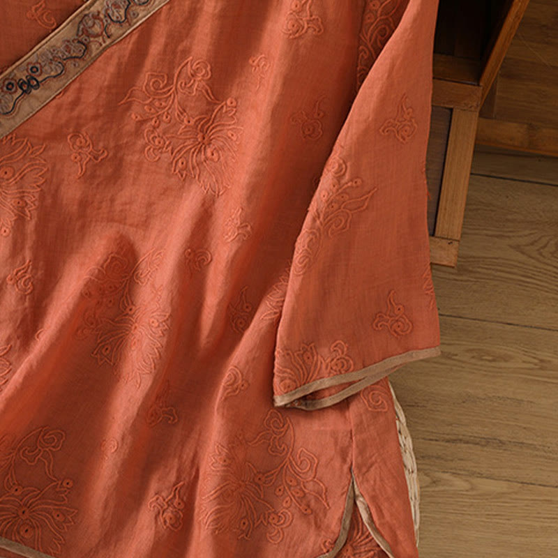 Chemise d'été en coton et lin pour femme, motif floral brodé, style vintage, col en V, à lacets - image 5